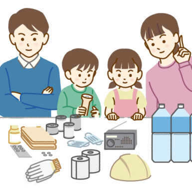 家族で防災グッズの確認をするイラスト